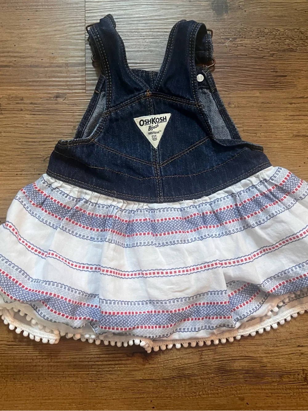 OshKosh B'gosh Denim Overall Dress with White & Red-Blue Striped Skirt